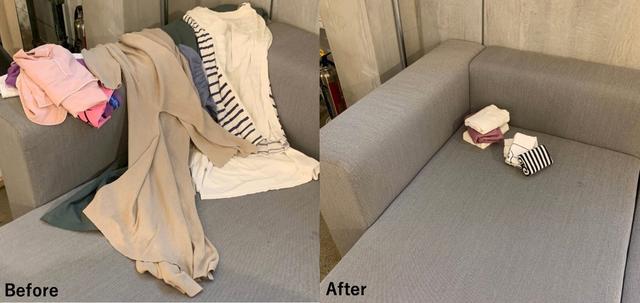 画像: 圧縮される前の洋服(写真左)、手のひらサイズに圧縮された洋服(写真右)