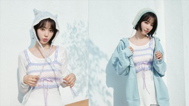 画像: 〈左〉ファンシーヤーンニットキャップ〈ブルーミックス〉〈右〉ファンシーヤーンニットキャップ〈ライムグリーン〉ともにニットビスチェのラベンダーミックスを着用