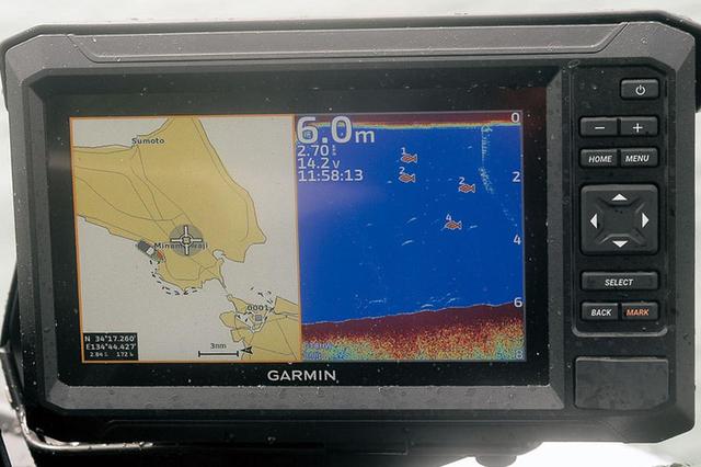 画像2: ▲ガーミン社製魚群探知機には、地図機能も搭載。「組み合わせ」設定で地図とソナー機能を選択すれば、2つの画面を同時に見ることが可能だ。
