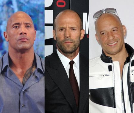 左から、ドウェイン・ジョンソン、ジェイソン・ステイサム、ヴィン・ディーゼル。
