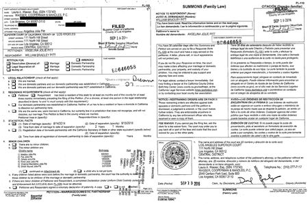 アンジェリーナ・ジョリー Angelina Jolie ブラッド・ピット Brad Pitt 離婚申請書類