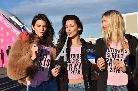 ヴィクトリアズ・シークレット Victoria's Secret ファッションショー パリ 飛行機 ヴィクシー仕様 可愛い モデル勢ぞろい ピンクのTシャツ おそろい ケンダル・ジェナー Kendall Jenner ベラ・ハディッド Bella Hadid リリー・ドナルドソン